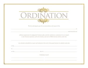 Certificate of Ordination for Minister (gold trim)