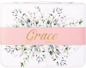 Bible Cover, Grace, White and Pink, Faux Leather, XXL